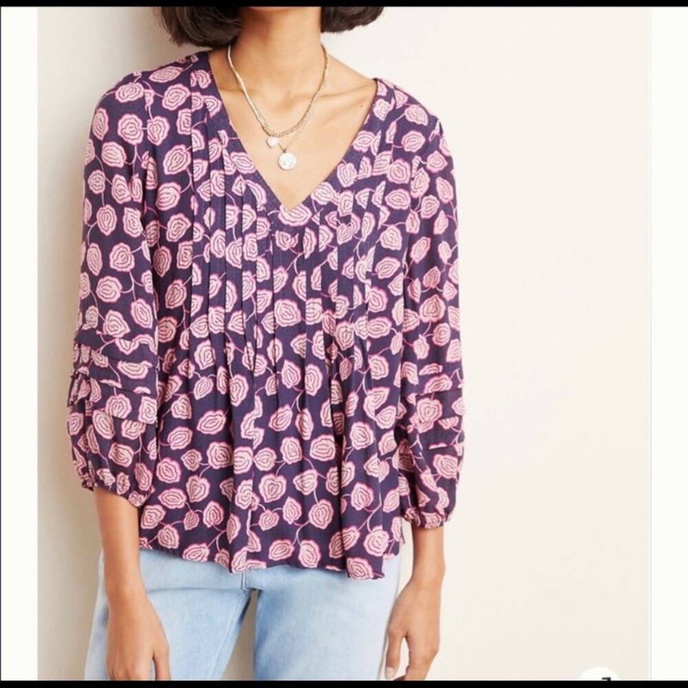 Anthropologie Maeve Navy Pink Cathy Pleated Floral Peasant Blouse - Picture 5 of 8